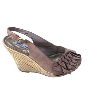 Steve Madden P-Quick Brown Suede Ruffle Espadrille Wedge Peep-Toe Heels Size 7.5